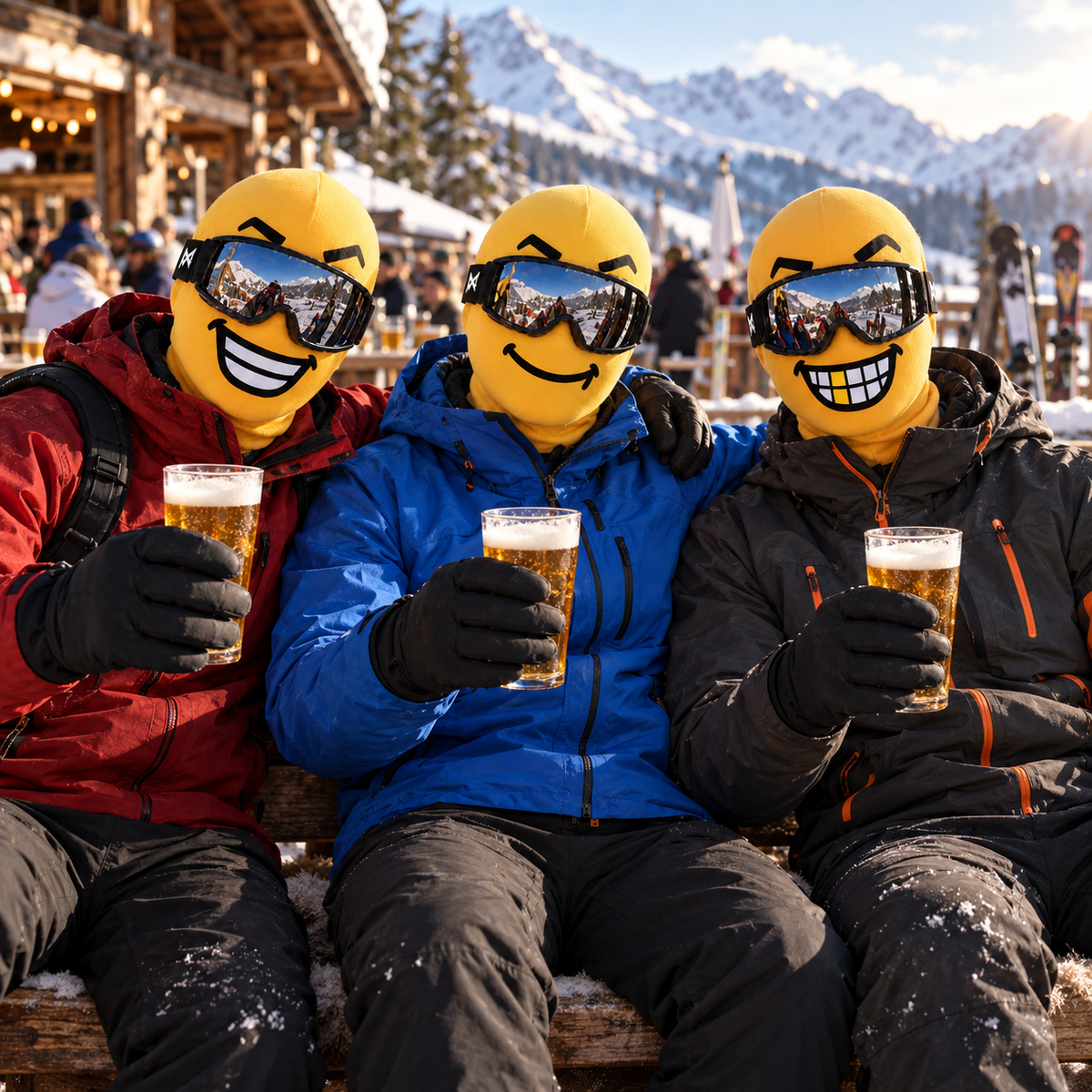 Friends wearing Nova Mini ski masks at après-ski